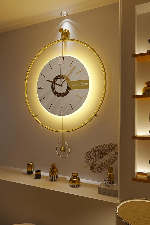 Large Luxury LED Backlit Wall Clock – Pendulum Roman Numeral Metal Ring - Image 2