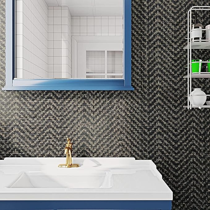 FunStick 15.8"x240" Black and Gold Grasscloth Wallpaper Self Adhesive Fabric - Image 2