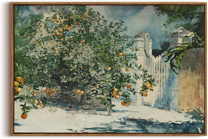 OIQArtOIQ Framed Vintage Landscape Wall Art Orange Trees Still Life Oil by OIQArtOIQ