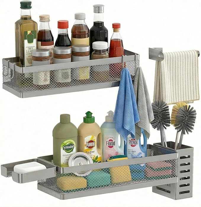 PUSDON 5-in-1 Wide Wall Mount Wrapped Mesh Kitchen Organizer & Shower Caddy Kit by PUSDON