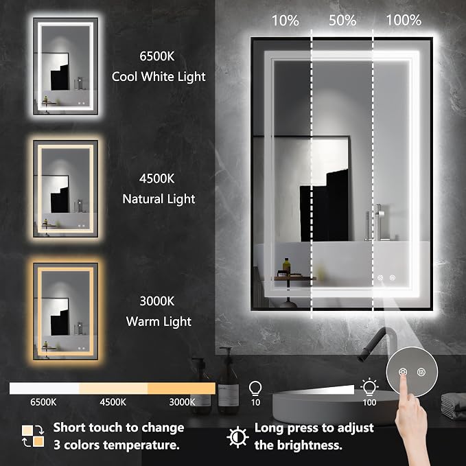 LED Bathroom Mirror with Front and Backlit 24"x36", Wall Mounted, Dual LED - Image 4