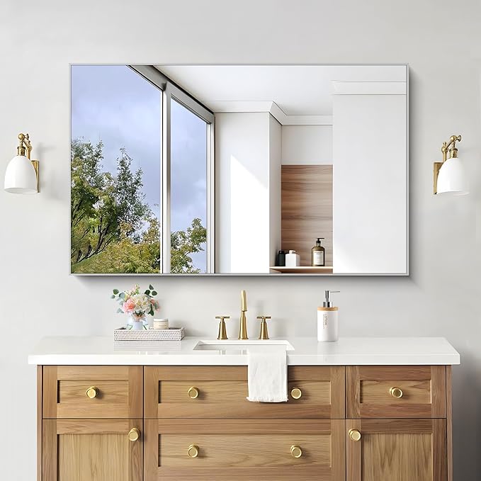 KOCUUY Silver Bathroom Mirror, HD Tempered Glass, Anti-Rust Brushed Silver Frame - Image 2
