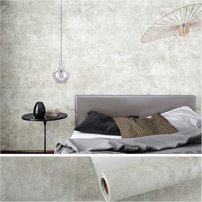 VEELIKE Distressed Light Grey Concrete Wallpaper Peel and Stick Modern Limewash by VEELIKE