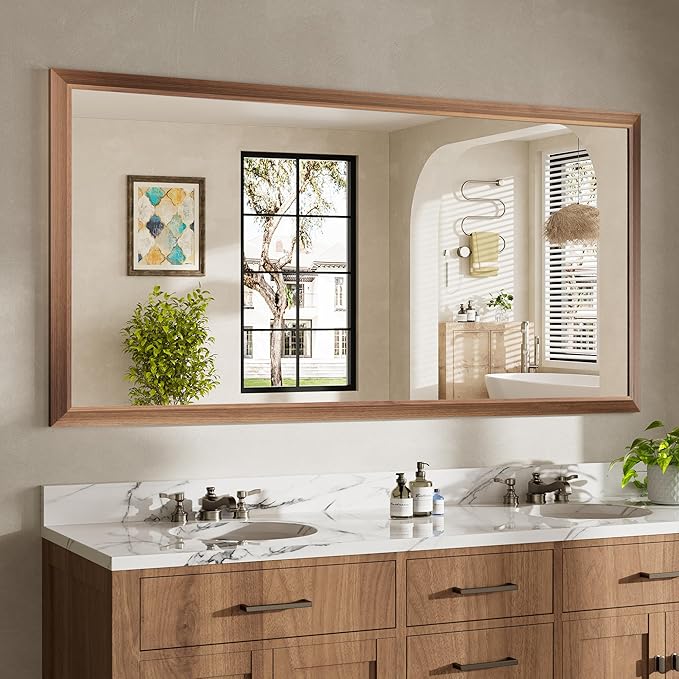 72x36 Inch Bathroom Mirror for Wall, Anti-Rust Walnut Wood Grain Metal Framed by Briivuemodernmirrors