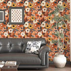 BOKEBEVE Extra Long Orange Wallpaper Stick and Peel Boho Floral Contact Paper - Image 2