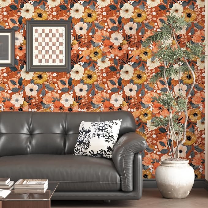 BOKEBEVE Orange Wallpaper Peel and Stick Retro Floral Contact Paper Self - Image 4
