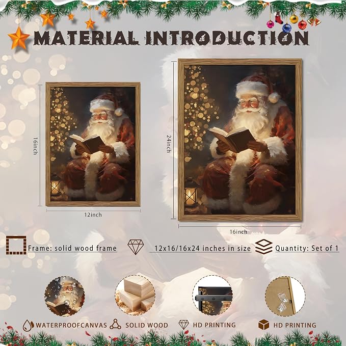 Framed Santa Christmas Wall Art, Vintage Santa Claus Reading Canvas Paintings - Image 5