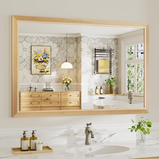 48x32 Inch Bathroom Mirror for Wall, Anti-Rust Oak Wood Grain Metal Framed by Briivuemodernmirrors
