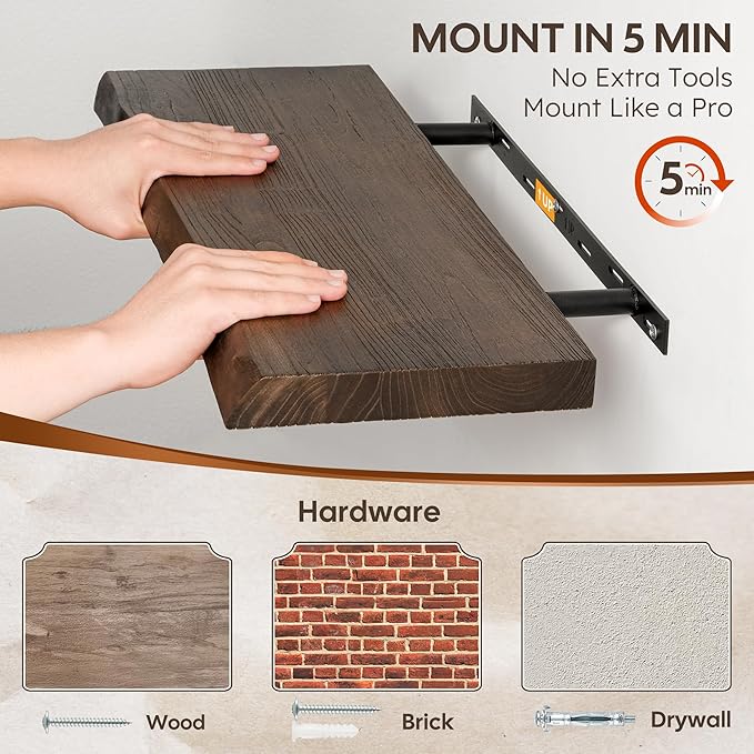 Floating Shelves Set of 2, Solid Elm Wood Wall Shelves 24 Inch - Image 4