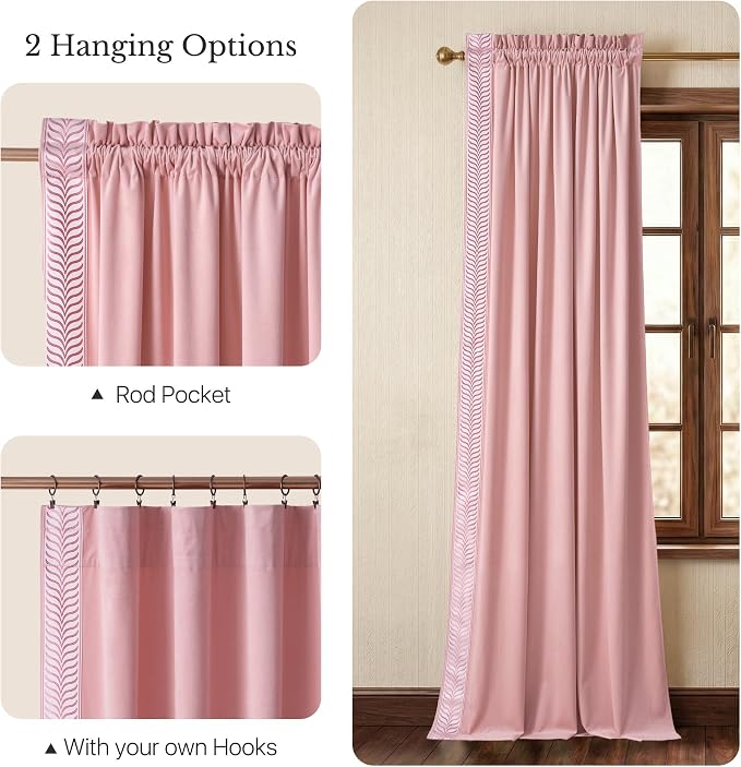 NICETOWN Rod Pocket Embroidered Trim Velvet Curtains, 2 Panels, Blush Pink - Image 8