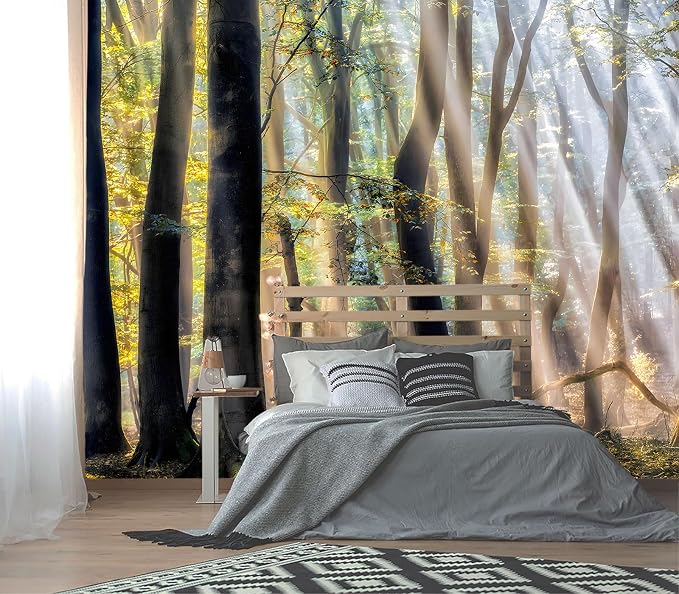 XMPMBM-Sunny Forest Woodland Fabric Wallpaper Misty Tree Living Room Bedroom by XMPMBM-Wallpaperthatwontpeeloff