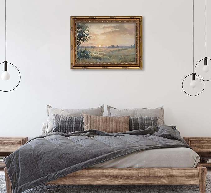 Vintage Gold Framed Wall Art Retro Fall Sunset Country Oil Painting Canvas - Image 9