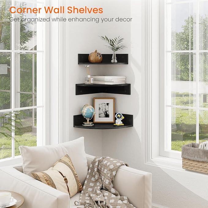 Homode Corner Floating Shelves, 3 Tier Wooden Hanging Corner Storage Shelf - Image 4