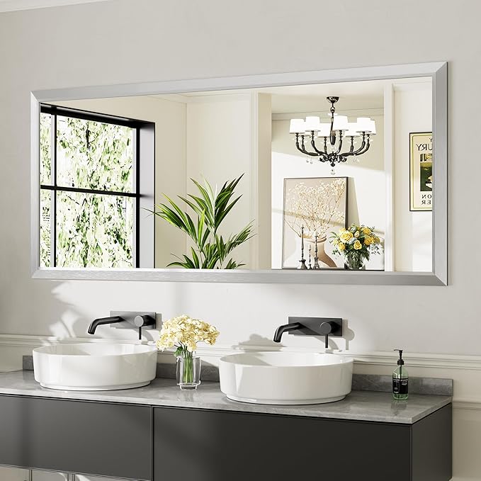 72x32 Inch Brushed Silver Bathroom Mirror by Briivuemodernmirrors