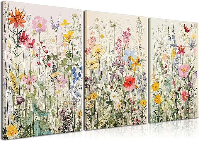 KISSFOX 3 Piece Canvas Wall Art Wildflowers Wall Decor Floral Pictures by KISSFOX