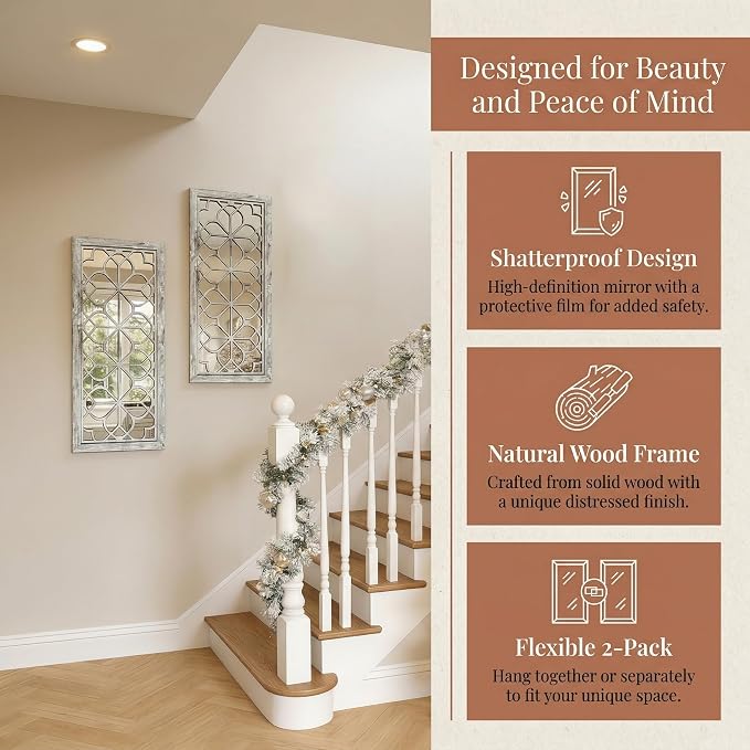 Set of 2 13x30 Inch Large Grey Shatterproof Carved Floral Wood Frame Wall - Image 8
