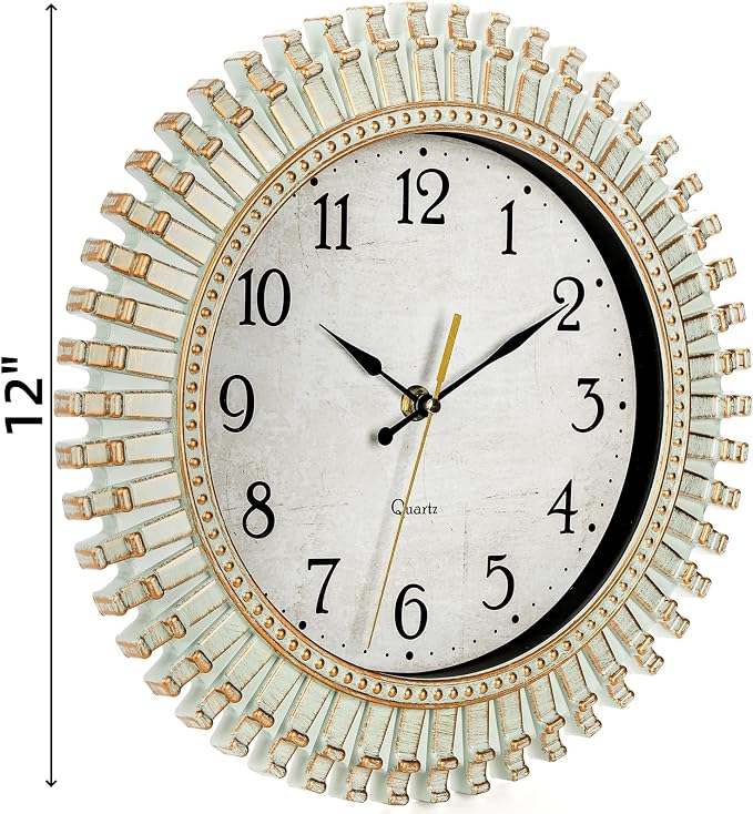 Noamus 12" Retro Wall Clock, Silent Non-Ticking Round Clock, Aqua Battery - Image 2