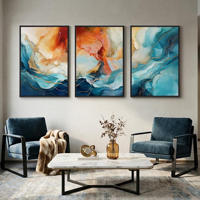 Large Framed Blue and Orange Abstract Wall Art - Image 2