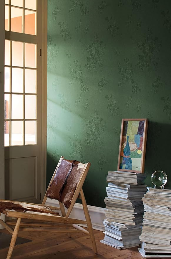 Erfoni 197"x17.7" Green Thicken Floral Embossed Wall Paper Pure Green Peel and - Image 4