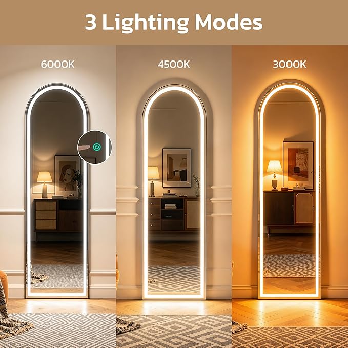 Arched Full Length Mirror with LED Lights, Body Floor Mirrors with Dimming & 3 - Image 4