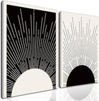 Hwetui Framed Boho Sun Wall Art Set of 2 Black and White Minimalist Sunrise by Hwetui