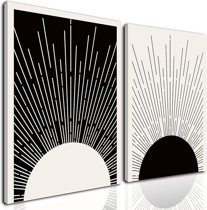 Hwetui Framed Boho Sun Wall Art Set of 2 Black and White Minimalist Sunrise by Hwetui
