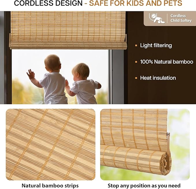 LazBlinds No Tools No Drill Bamboo Roller Shades, Custom Cordless Bamboo Blinds - Image 3