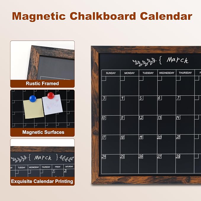 Chalkboard Calendar for Wall, Small Rustic Framed Magnetic Chalkboard for Home - Image 3