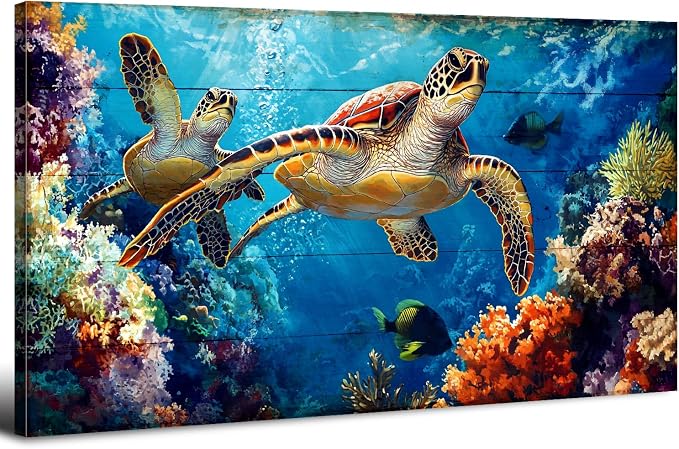 Sea Turtle Wall Art for Living Room Ocean Bathroom Decor Colorful Fish Coral by HOME