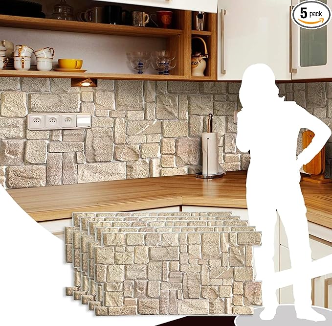 Dundee Deco PG7005-5 Beige Faux Limestone PVC 3D Wall Panel, 3.3 ft X 1.7 ft by DundeeDeco