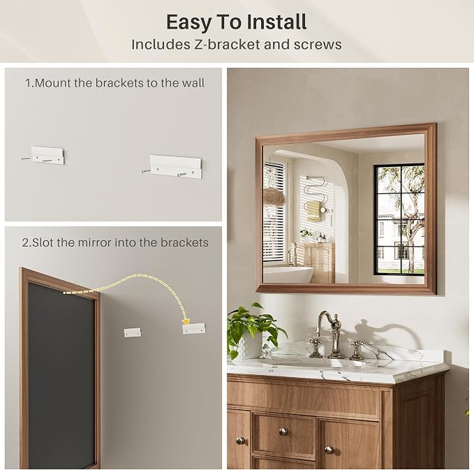 60x36 Inch Bathroom Mirror for Wall, Anti-Rust Walnut Wood Grain Metal Framed - Image 5