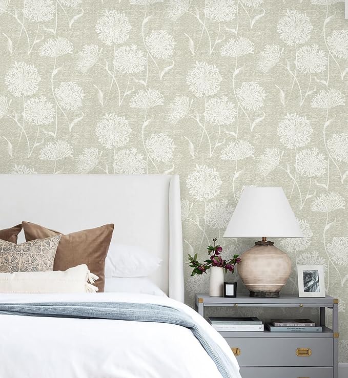 Safiyya Peel and Stick Wallpaper Floral Contact Paper Beige Grasscloth Wall - Image 5