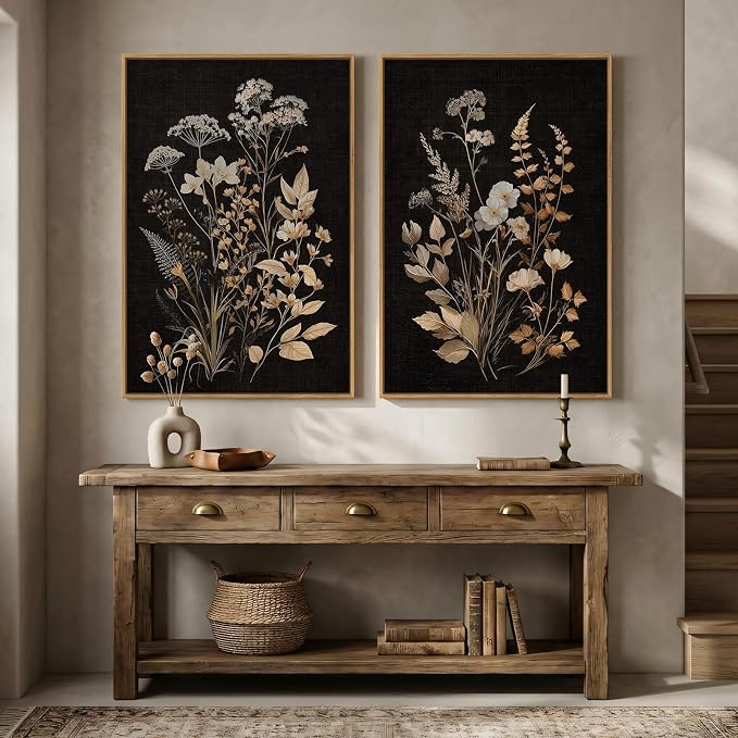 Large Framed Vintage Botanical Wall Art Set of 2, Neutral Farmhouse Moody - Image 8