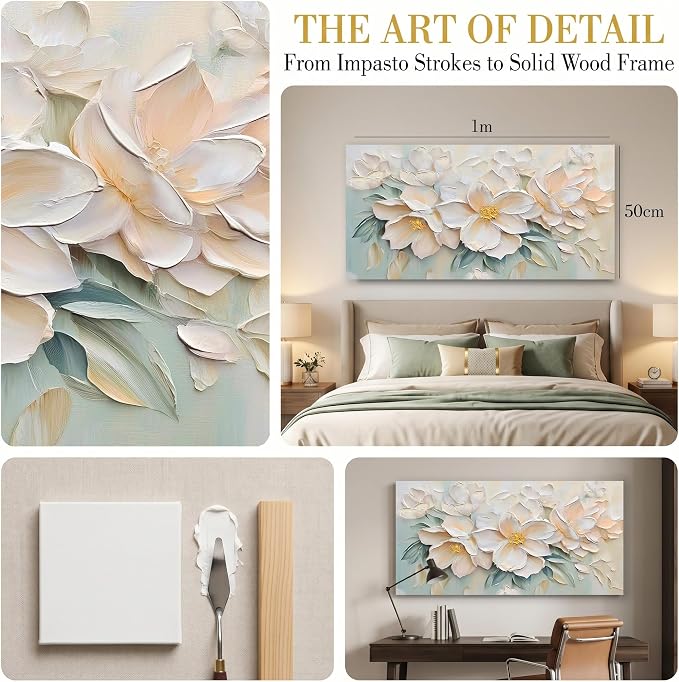 Anolyfi White Textured Flowers Canvas Wall Art - Image 4