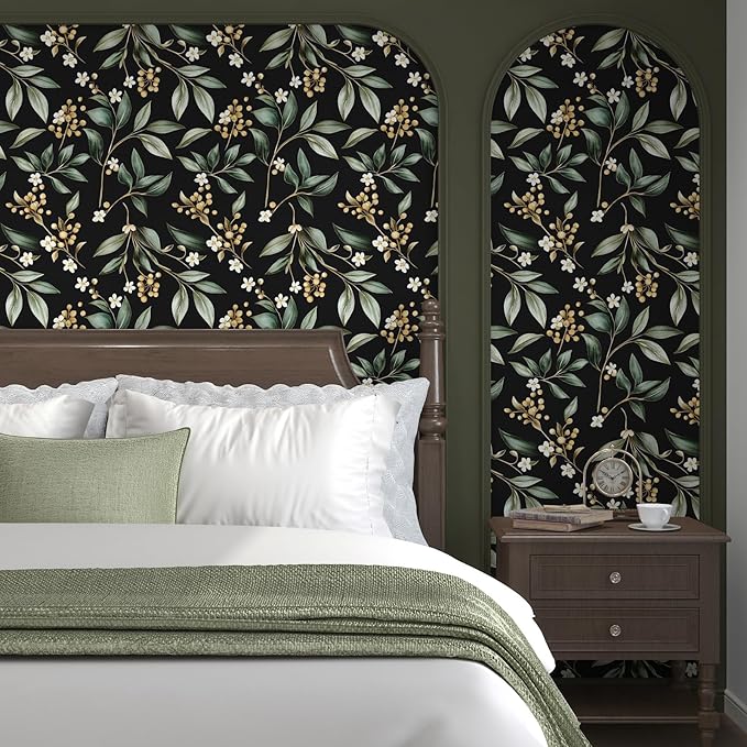 Black Green Floral Peel and Stick Wallpaper, 17.5" x 197" Vintage Dark Green - Image 2