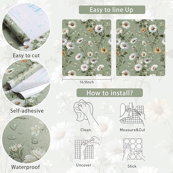 Livebor Floral Peel and Stick Wallpaper Daisy Floral Contact Paper 16.9in - Image 6