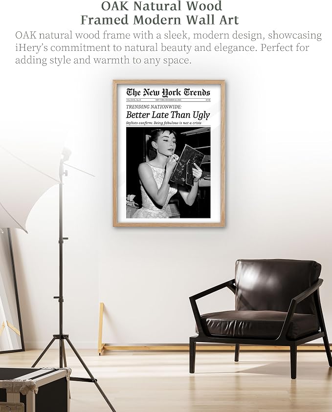 iHery Natural OAK Wood Audrey Hepburn Trendy Framed Wall Art, Better Late Than - Image 2
