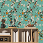 Teal White Bird Floral Wallpaper Peel and Stick, Fresh Orange Tree Contact Paper - Image 3