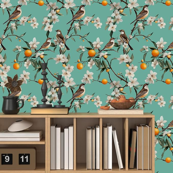 Teal White Bird Floral Wallpaper Peel and Stick, Fresh Orange Tree Contact Paper - Image 3