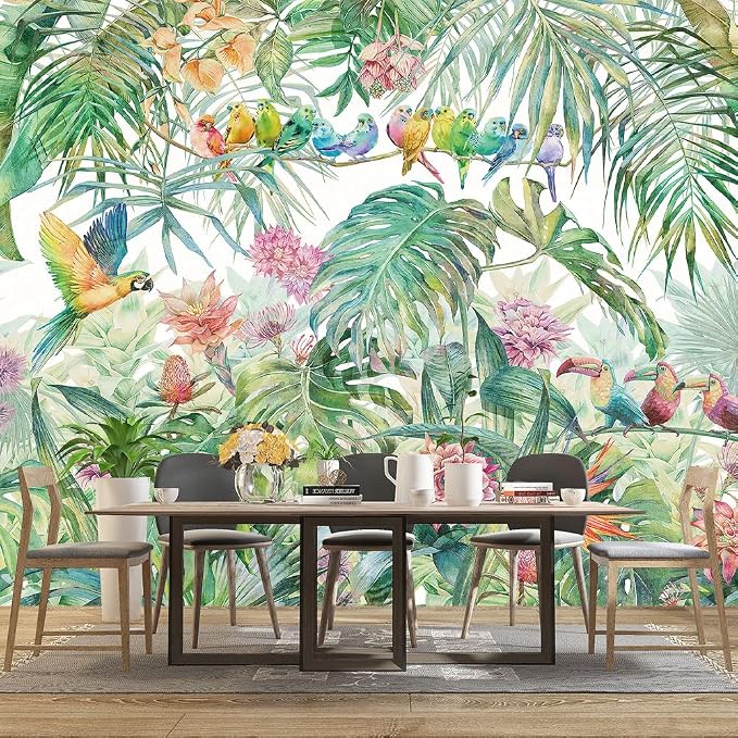 Tropical Green Botanical Flower Birds Leaf Wallpaper Bedroom Plant Floral Mural - Image 3