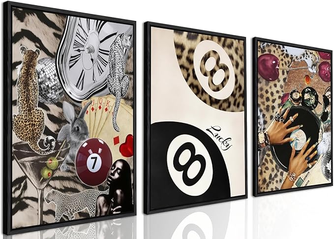 Fashion Cheetah Wall Art Set of 3 Leopard Wall Decor Pictures Lucky 8 Ball by YFvrPtYourFavoritePainting