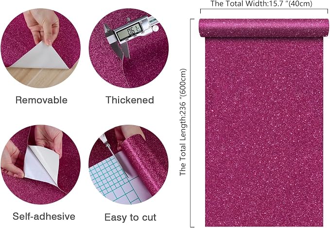 CHIHUT Hot Pink Glitter Peel and Stick Wallpaper Sparkly Pink Contact Paper - Image 2
