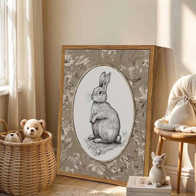 Framed Vintage Rabbit Wall Art, Cute Easter Bunny Pictures Wall Decor, Rustic - Image 3