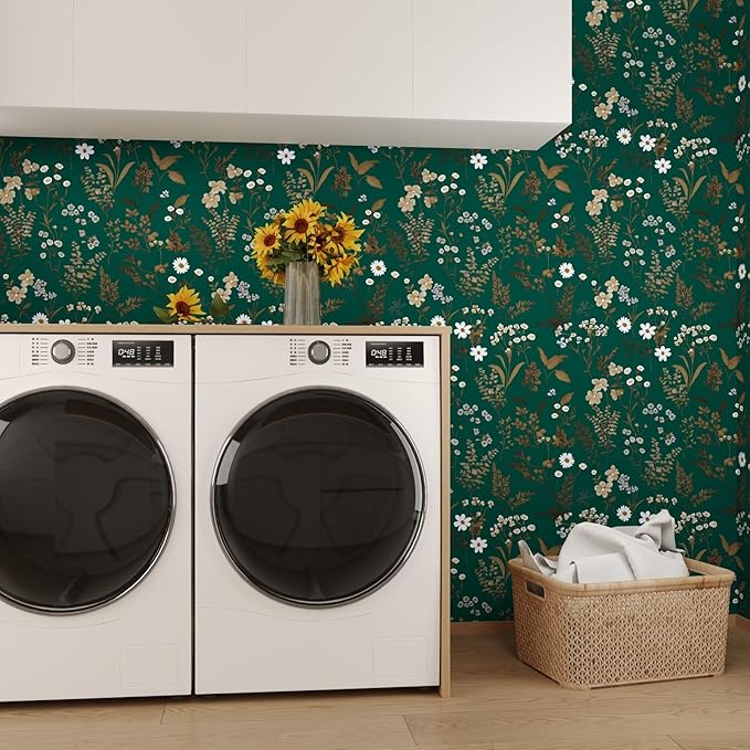 Laatse Dark Floral Wallpaper Peel and Stick 17.5in x 118in Vintage Green Gold - Image 5