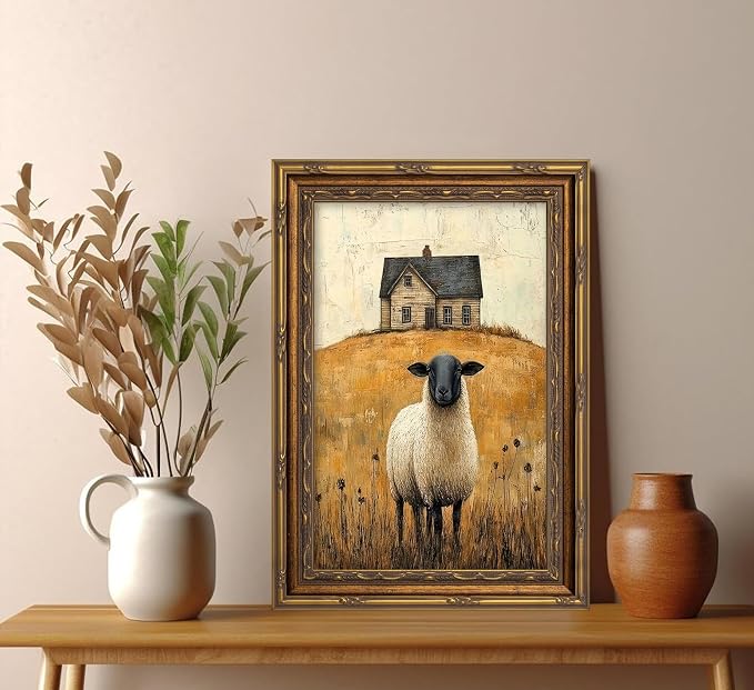 Vintage Gold Framed Wall Art Retro Country Sheep Oil Painting Canvas Prints - Image 7