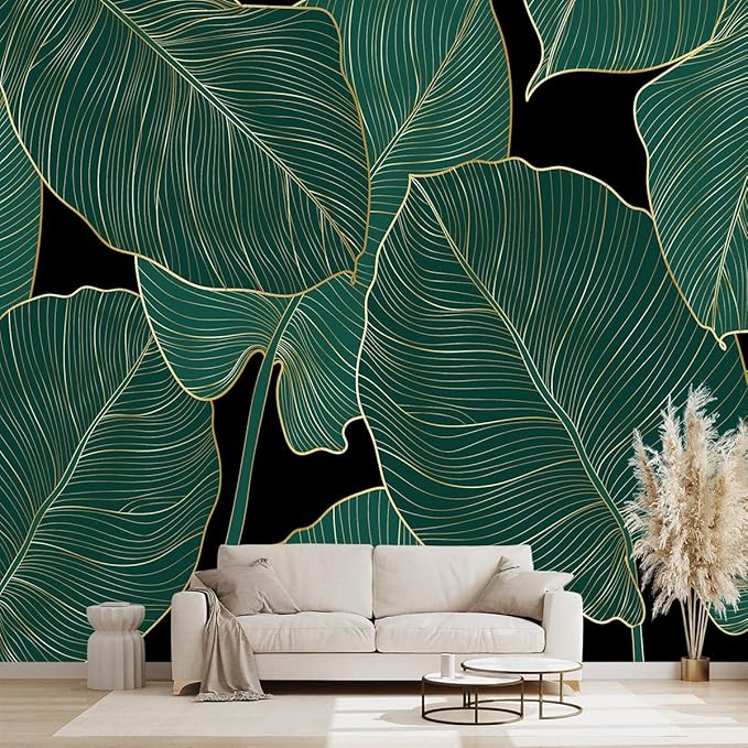 Black and Gold Leaf Mural Bedroom Tropical Green Botanical Wallpaper Room Plant by WXHFM