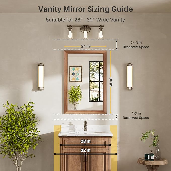 24x36 Inch Bathroom Mirror for Wall, Anti-Rust Walnut Wood Grain Metal Framed - Image 2