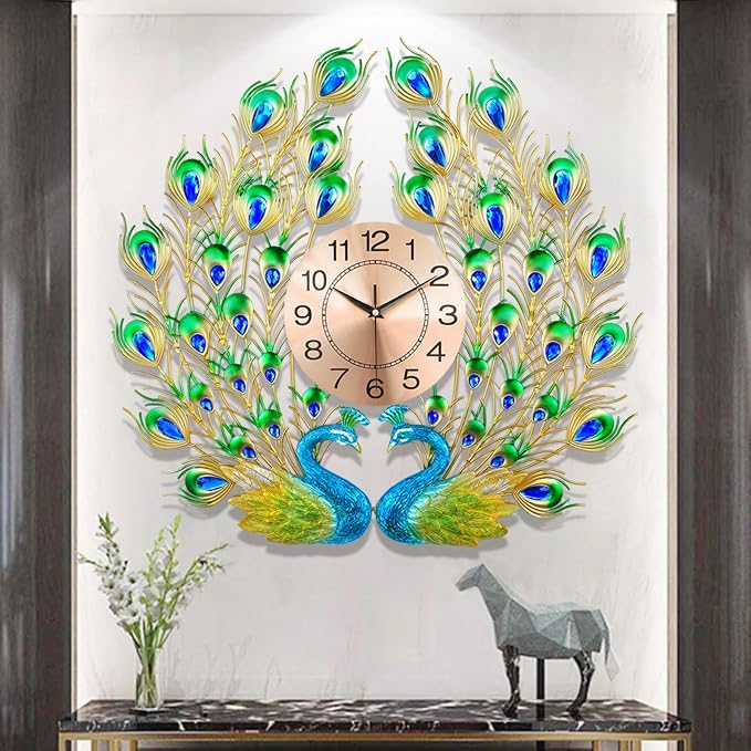 Large Peacock Wall Clock Silent Non-Ticking, 3D Creative Luxury Decorative Wall by FMTADDecorativeWallClocks