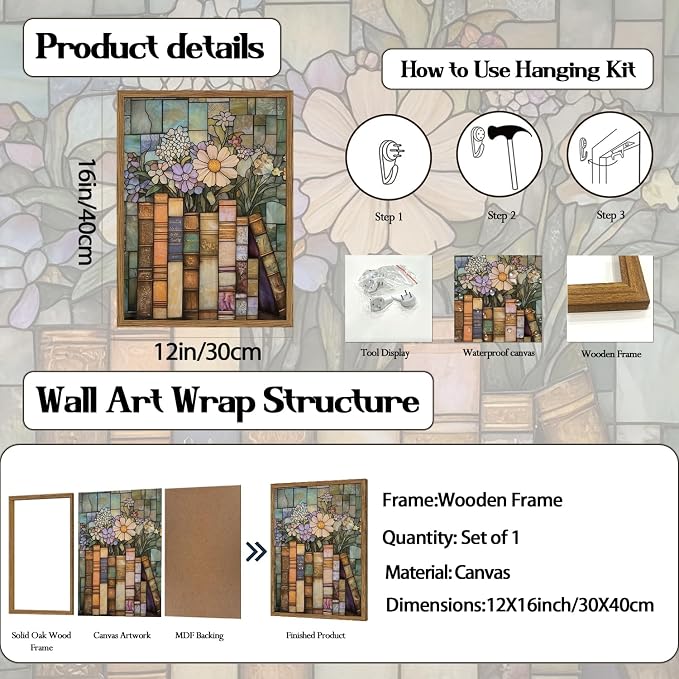 YYNISPIN Vintage Book Wildflower Wall Art Moody Stained Glass Book Lover Wall - Image 3