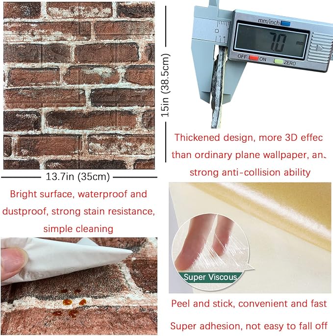 10PCS 3D Wall Panels Peel and Stick Foam 3D Brick Wallpaper Peel and Stick Red - Image 5